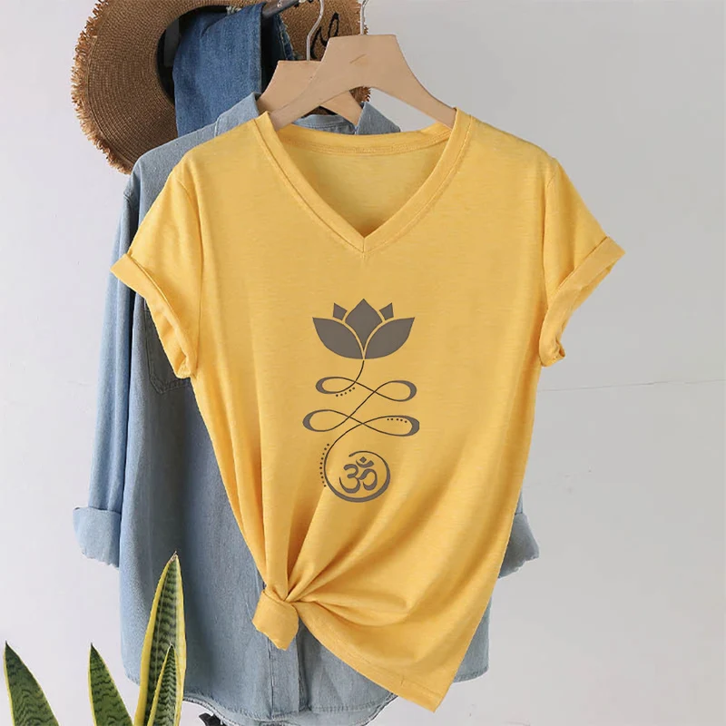 Olivenorma Lotus mit Om-Symbol Unalome Print Yoga V-Ausschnitt T-Shirt