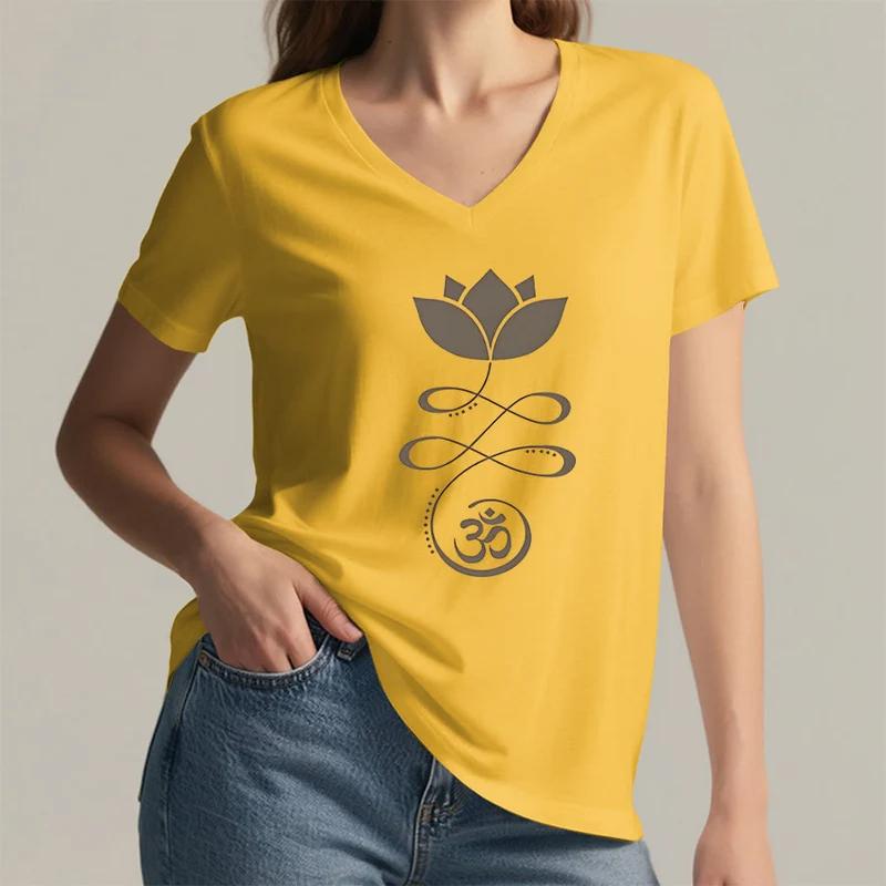Olivenorma Lotus mit Om-Symbol Unalome Print Yoga V-Ausschnitt T-Shirt