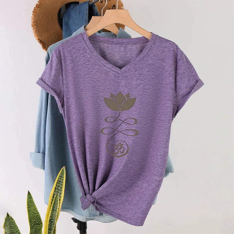 Olivenorma Lotus mit Om-Symbol Unalome Print Yoga V-Ausschnitt T-Shirt