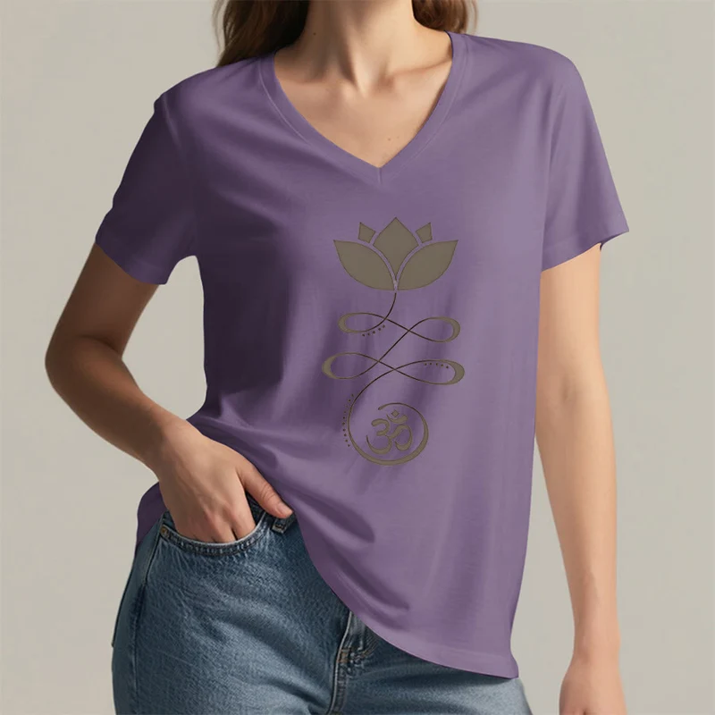 Olivenorma Lotus mit Om-Symbol Unalome Print Yoga V-Ausschnitt T-Shirt
