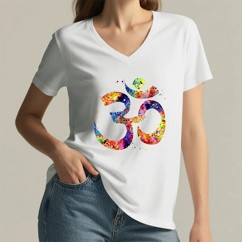 Olivenorma Splatter Art Om Symbol Watercolor Design V-Neck T-Shirt
