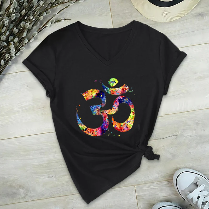 Olivenorma Splatter Art Om Symbol Watercolor Design V-Neck T-Shirt
