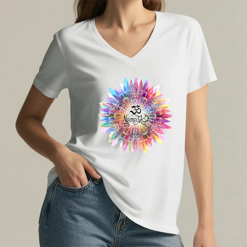 Olivenorma Zen inspiriertes Mandala Om Namaste T-Shirt mit V-Ausschnitt