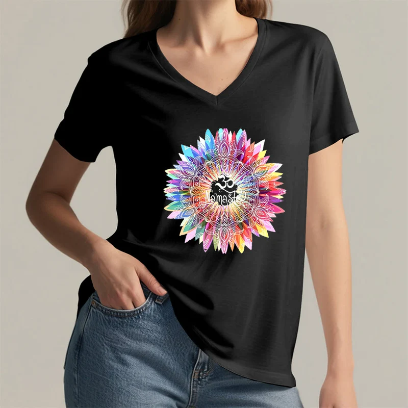 Olivenorma Zen inspiriertes Mandala Om Namaste T-Shirt mit V-Ausschnitt