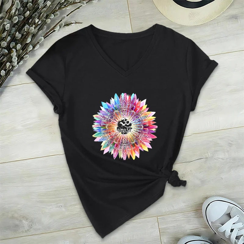 Olivenorma Zen inspiriertes Mandala Om Namaste T-Shirt mit V-Ausschnitt