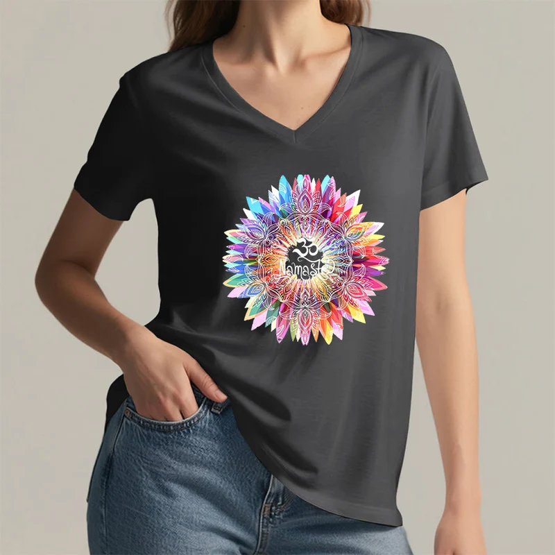 Olivenorma Zen inspiriertes Mandala Om Namaste T-Shirt mit V-Ausschnitt