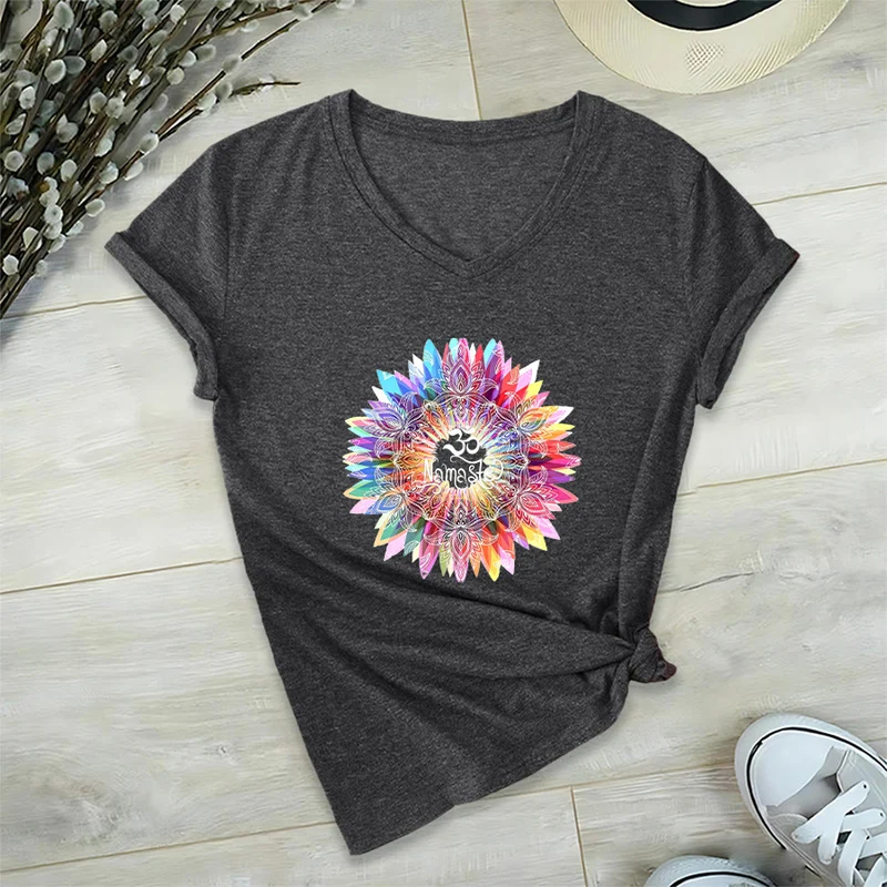 Olivenorma Zen inspiriertes Mandala Om Namaste T-Shirt mit V-Ausschnitt