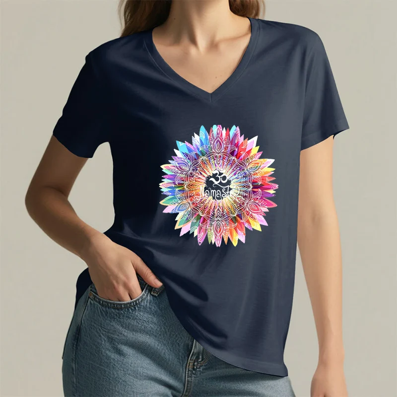 Olivenorma Zen inspiriertes Mandala Om Namaste T-Shirt mit V-Ausschnitt