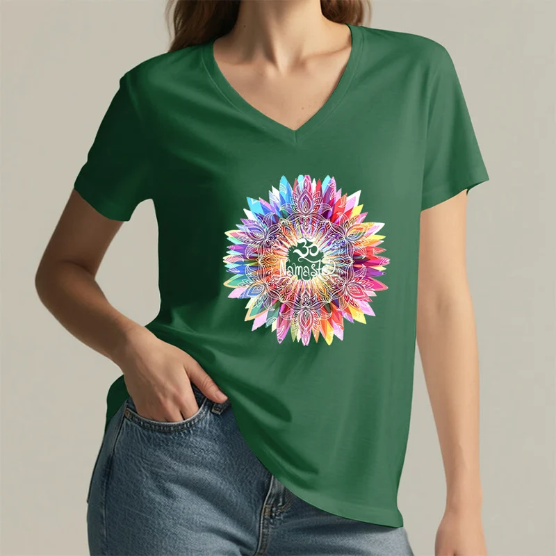 Olivenorma Zen inspiriertes Mandala Om Namaste T-Shirt mit V-Ausschnitt