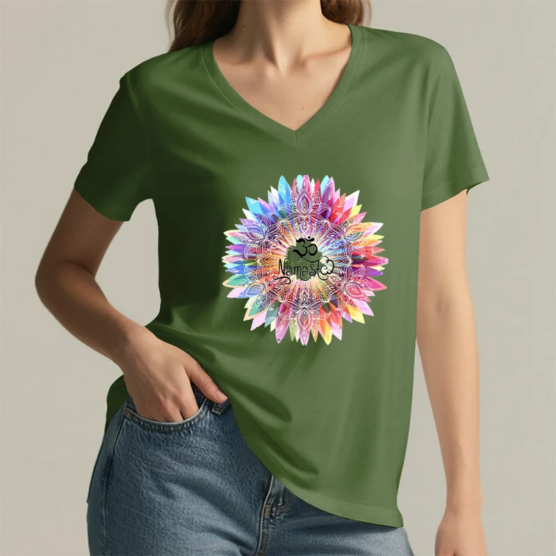 Olivenorma Zen inspiriertes Mandala Om Namaste T-Shirt mit V-Ausschnitt
