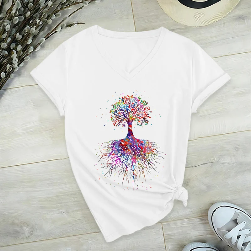 Olivenorma Aquarell-Lebensbaum mit Wurzeln Druck Yoga V-Ausschnitt T-Shirt