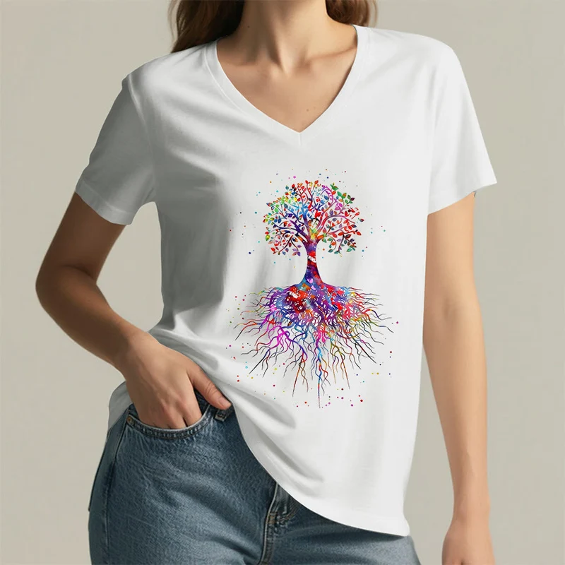 Olivenorma Aquarell-Lebensbaum mit Wurzeln Druck Yoga V-Ausschnitt T-Shirt