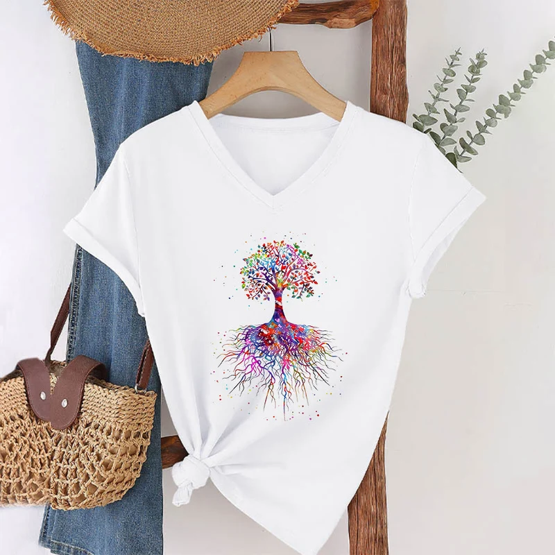 Olivenorma Aquarell-Lebensbaum mit Wurzeln Druck Yoga V-Ausschnitt T-Shirt
