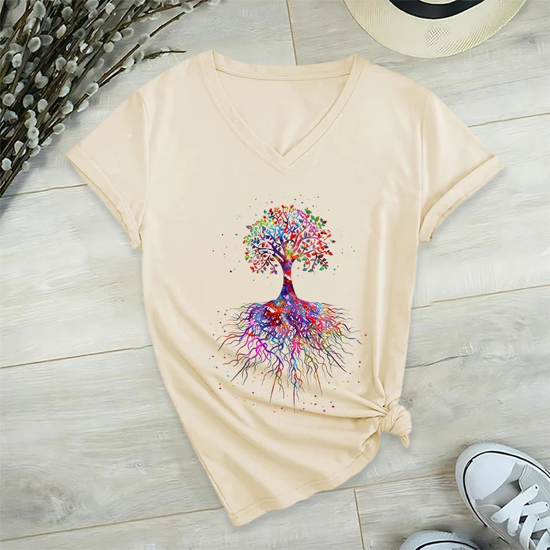 Olivenorma Aquarell-Lebensbaum mit Wurzeln Druck Yoga V-Ausschnitt T-Shirt