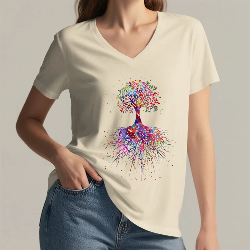 Olivenorma Aquarell-Lebensbaum mit Wurzeln Druck Yoga V-Ausschnitt T-Shirt
