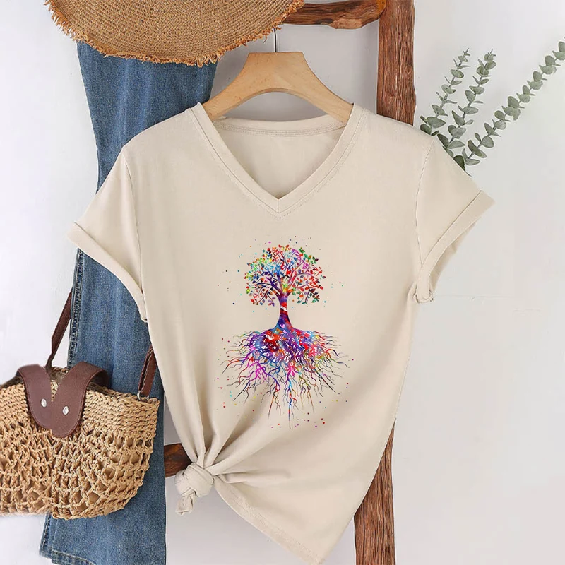 Olivenorma Aquarell-Lebensbaum mit Wurzeln Druck Yoga V-Ausschnitt T-Shirt