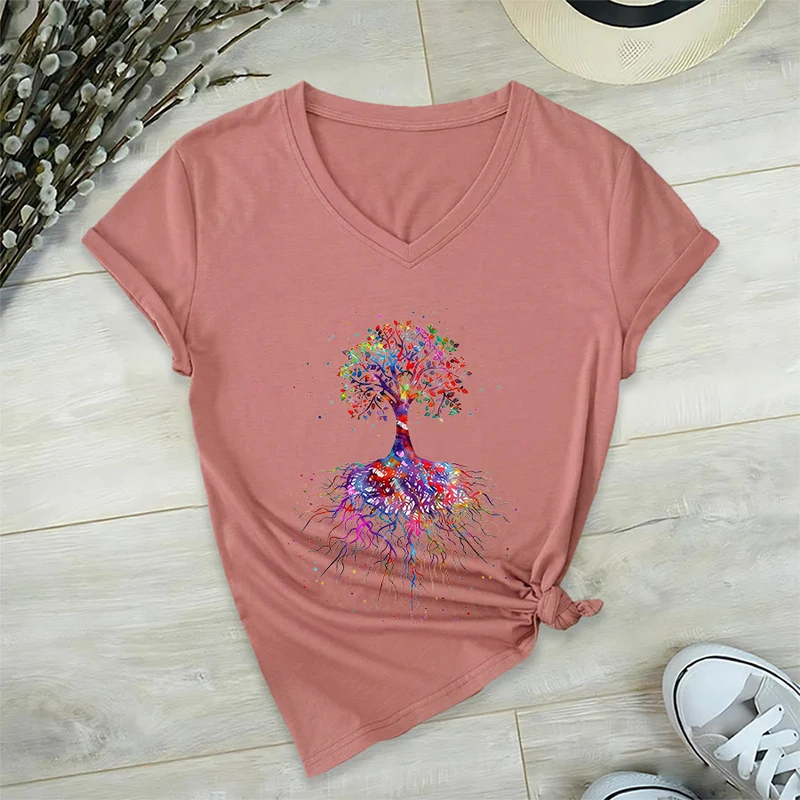 Olivenorma Aquarell-Lebensbaum mit Wurzeln Druck Yoga V-Ausschnitt T-Shirt