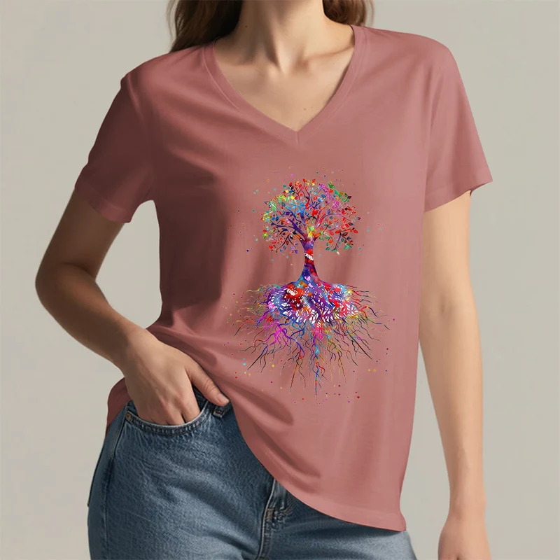 Olivenorma Aquarell-Lebensbaum mit Wurzeln Druck Yoga V-Ausschnitt T-Shirt