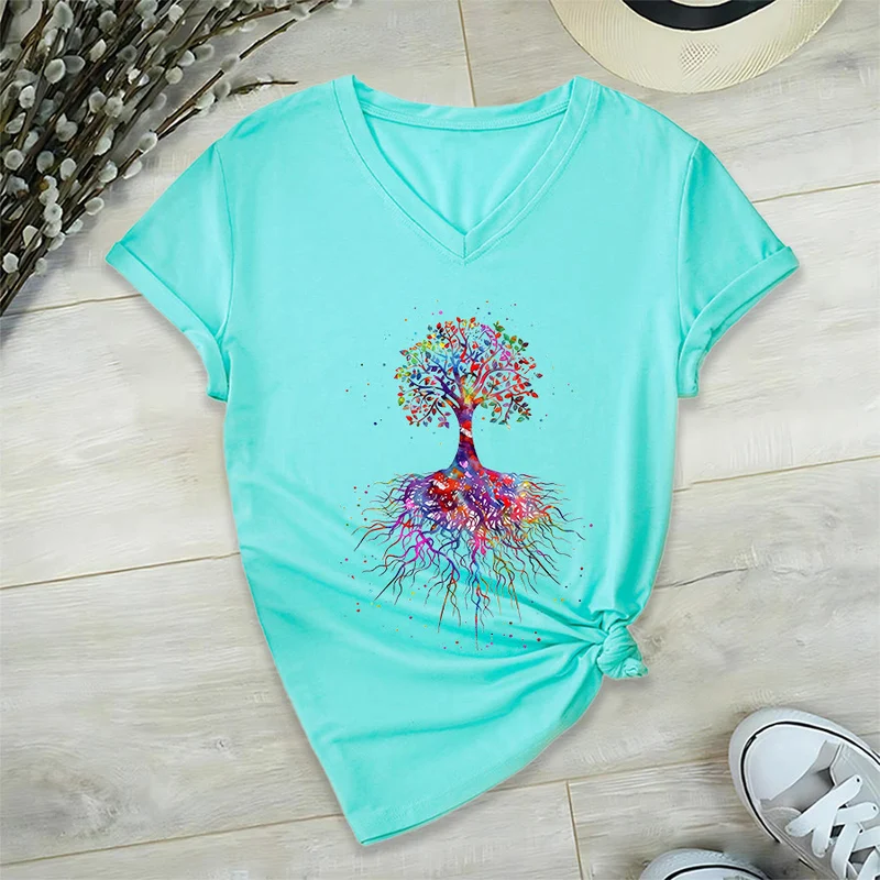 Olivenorma Aquarell-Lebensbaum mit Wurzeln Druck Yoga V-Ausschnitt T-Shirt