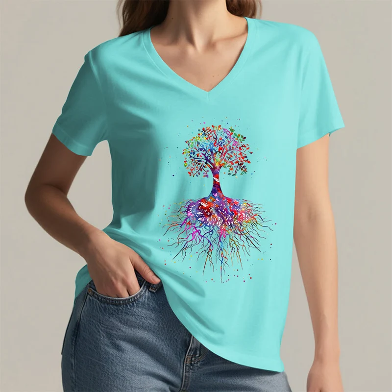 Olivenorma Aquarell-Lebensbaum mit Wurzeln Druck Yoga V-Ausschnitt T-Shirt