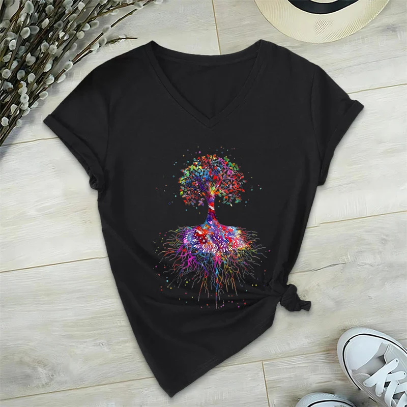 Olivenorma Aquarell-Lebensbaum mit Wurzeln Druck Yoga V-Ausschnitt T-Shirt