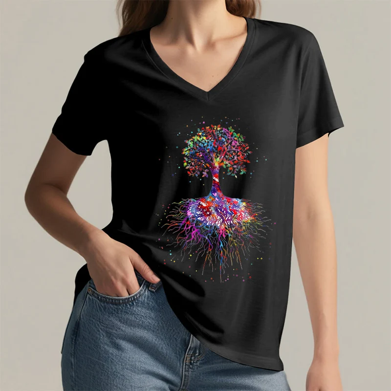 Olivenorma Aquarell-Lebensbaum mit Wurzeln Druck Yoga V-Ausschnitt T-Shirt