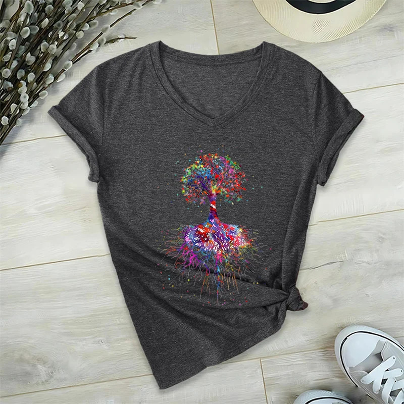 Olivenorma Aquarell-Lebensbaum mit Wurzeln Druck Yoga V-Ausschnitt T-Shirt