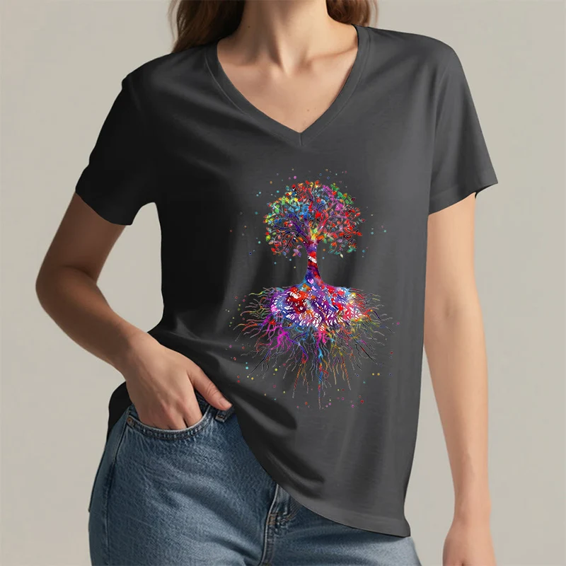Olivenorma Aquarell-Lebensbaum mit Wurzeln Druck Yoga V-Ausschnitt T-Shirt
