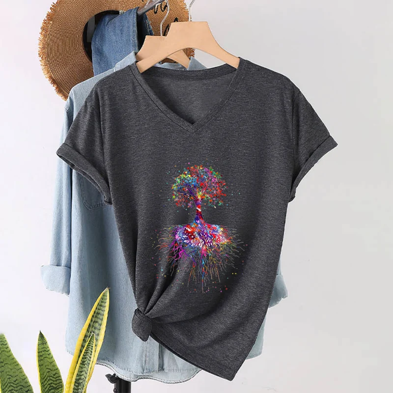 Olivenorma Aquarell-Lebensbaum mit Wurzeln Druck Yoga V-Ausschnitt T-Shirt