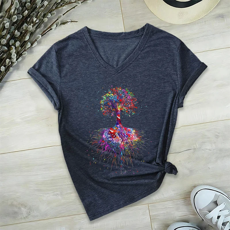 Olivenorma Aquarell-Lebensbaum mit Wurzeln Druck Yoga V-Ausschnitt T-Shirt