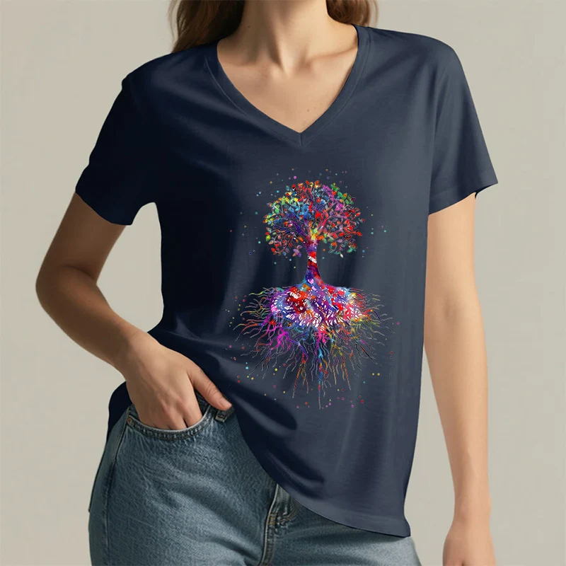 Olivenorma Aquarell-Lebensbaum mit Wurzeln Druck Yoga V-Ausschnitt T-Shirt