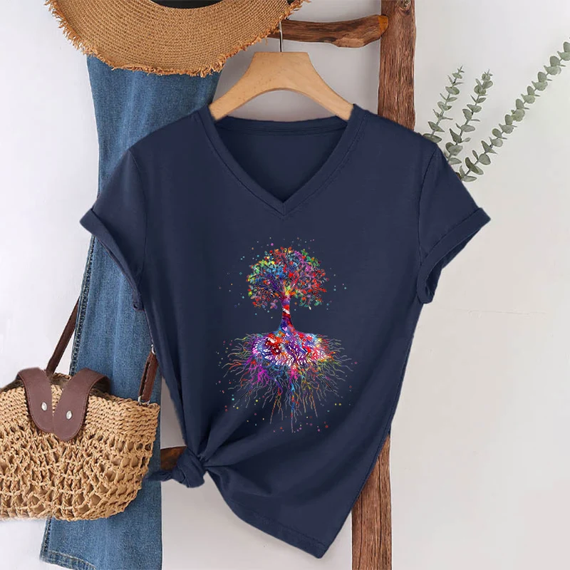 Olivenorma Aquarell-Lebensbaum mit Wurzeln Druck Yoga V-Ausschnitt T-Shirt