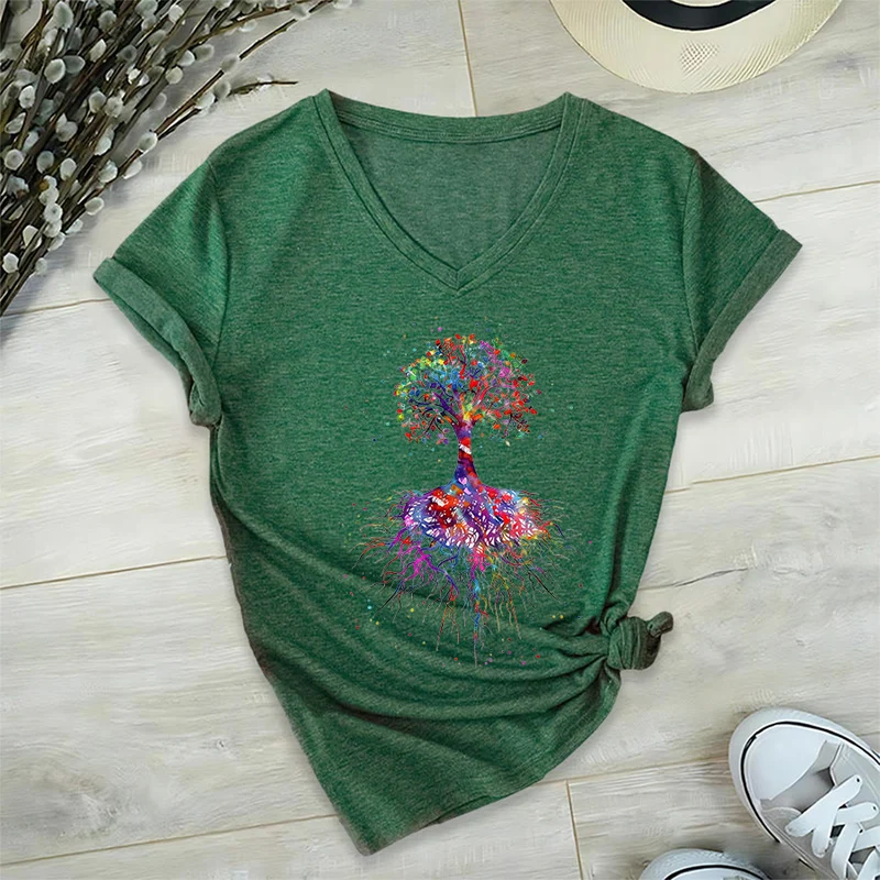 Olivenorma Aquarell-Lebensbaum mit Wurzeln Druck Yoga V-Ausschnitt T-Shirt