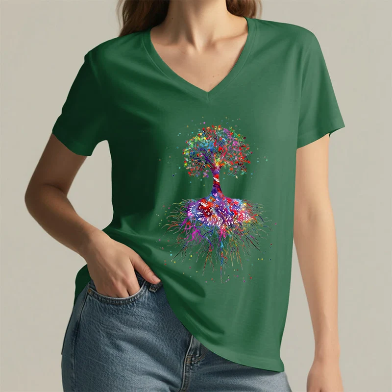 Olivenorma Aquarell-Lebensbaum mit Wurzeln Druck Yoga V-Ausschnitt T-Shirt