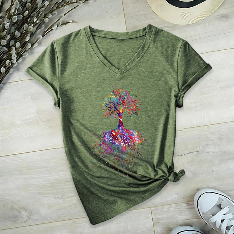 Olivenorma Aquarell-Lebensbaum mit Wurzeln Druck Yoga V-Ausschnitt T-Shirt