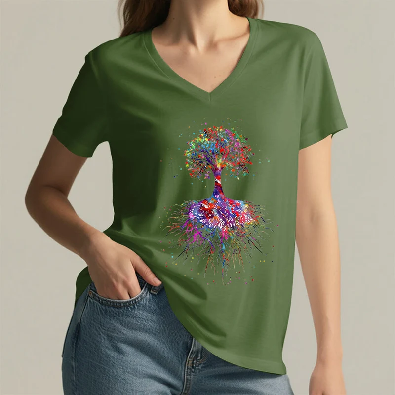 Olivenorma Aquarell-Lebensbaum mit Wurzeln Druck Yoga V-Ausschnitt T-Shirt