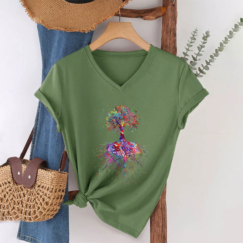 Olivenorma Aquarell-Lebensbaum mit Wurzeln Druck Yoga V-Ausschnitt T-Shirt