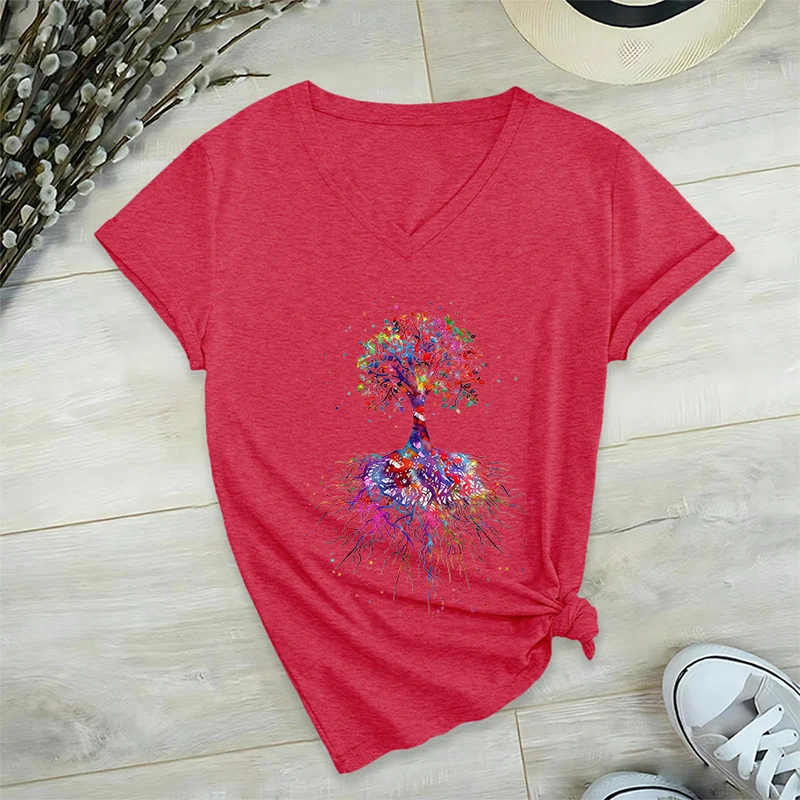 Olivenorma Aquarell-Lebensbaum mit Wurzeln Druck Yoga V-Ausschnitt T-Shirt