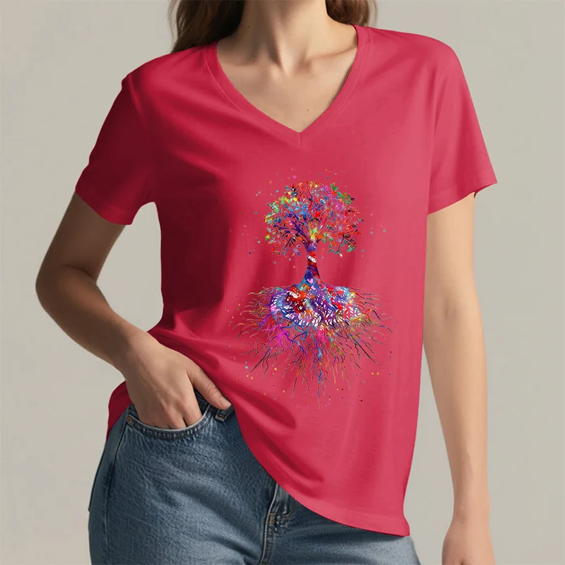 Olivenorma Aquarell-Lebensbaum mit Wurzeln Druck Yoga V-Ausschnitt T-Shirt