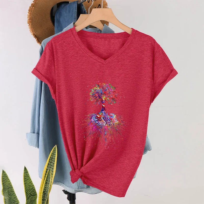 Olivenorma Aquarell-Lebensbaum mit Wurzeln Druck Yoga V-Ausschnitt T-Shirt