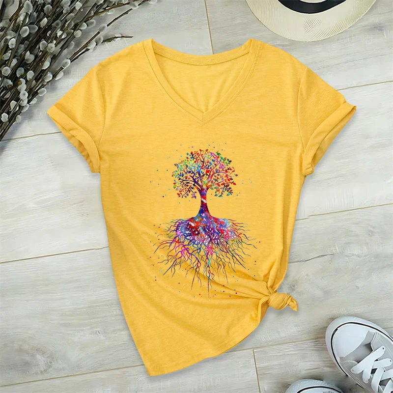 Olivenorma Aquarell-Lebensbaum mit Wurzeln Druck Yoga V-Ausschnitt T-Shirt