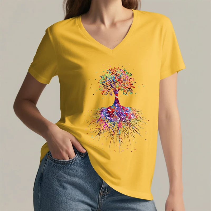 Olivenorma Aquarell-Lebensbaum mit Wurzeln Druck Yoga V-Ausschnitt T-Shirt