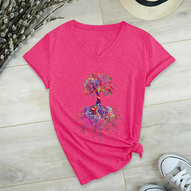 Olivenorma Aquarell-Lebensbaum mit Wurzeln Druck Yoga V-Ausschnitt T-Shirt