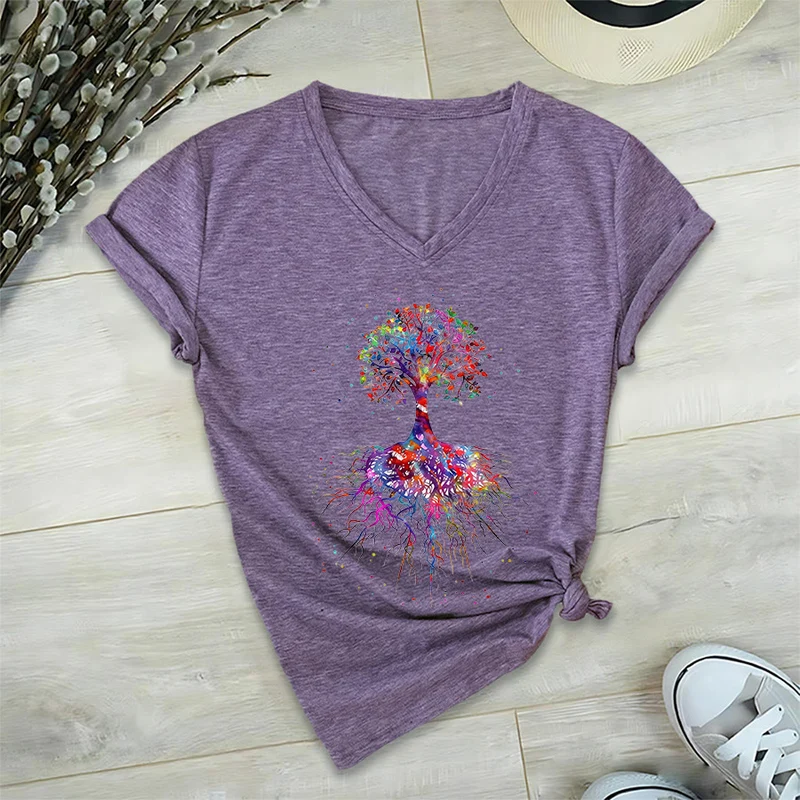 Olivenorma Aquarell-Lebensbaum mit Wurzeln Druck Yoga V-Ausschnitt T-Shirt