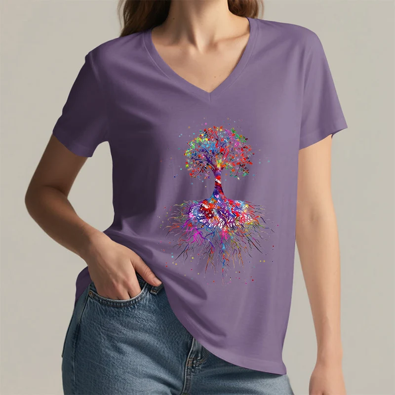Olivenorma Aquarell-Lebensbaum mit Wurzeln Druck Yoga V-Ausschnitt T-Shirt
