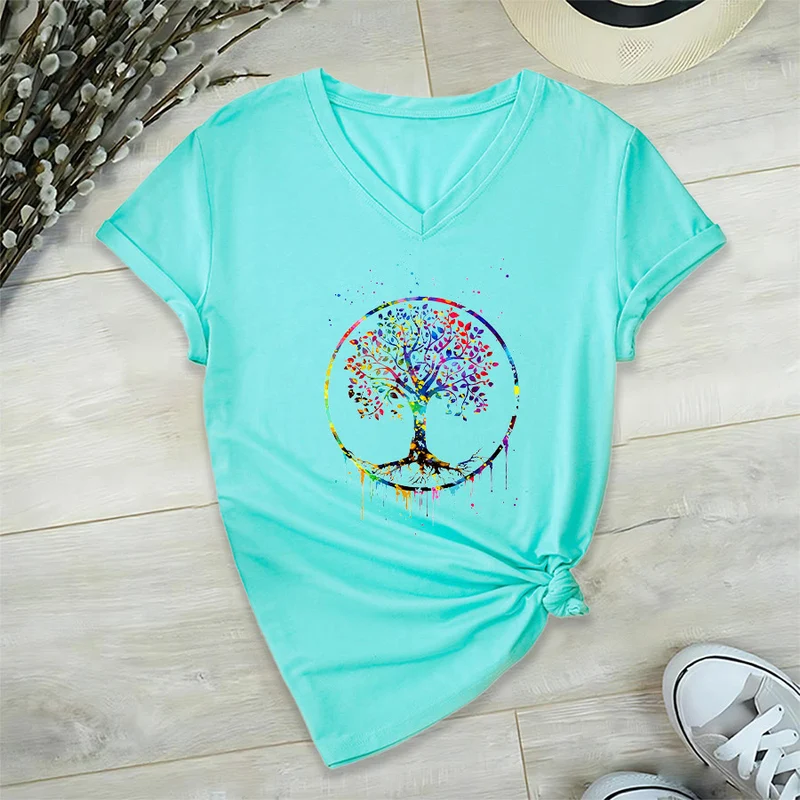 Olivenorma Spirituelles T-Shirt mit kreisförmigem Lebensbaum-Motiv und V-Ausschnitt