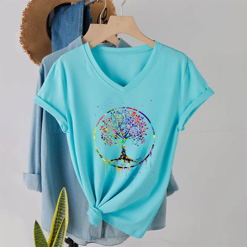 Olivenorma Spirituelles T-Shirt mit kreisförmigem Lebensbaum-Motiv und V-Ausschnitt