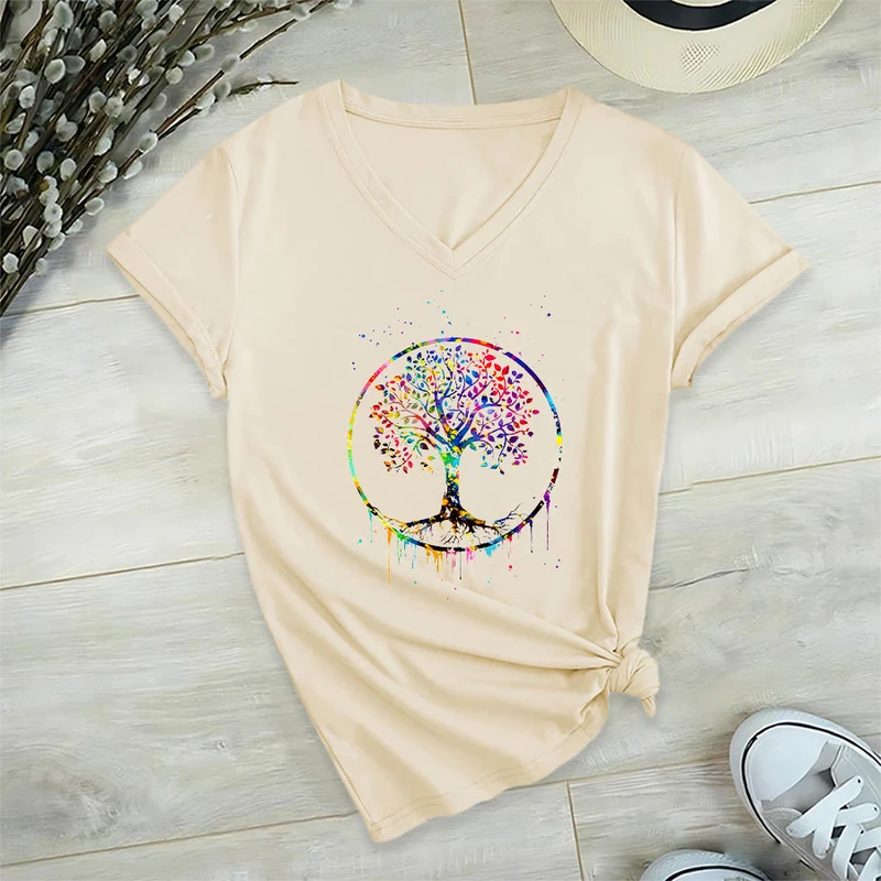 Olivenorma Spirituelles T-Shirt mit kreisförmigem Lebensbaum-Motiv und V-Ausschnitt