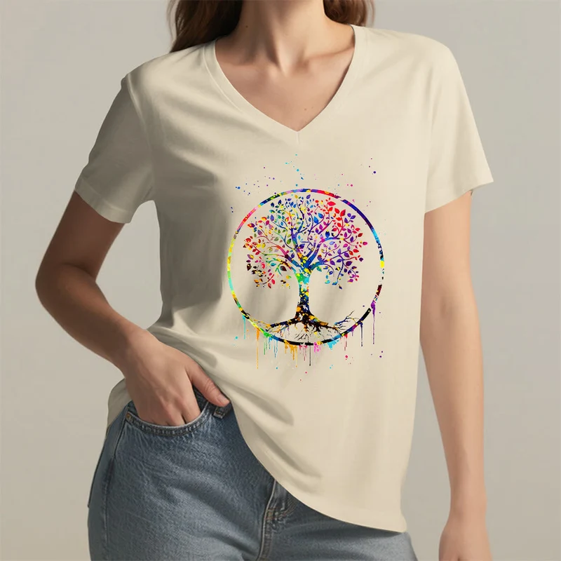 Olivenorma Spirituelles T-Shirt mit kreisförmigem Lebensbaum-Motiv und V-Ausschnitt