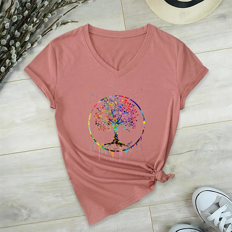 Olivenorma Spirituelles T-Shirt mit kreisförmigem Lebensbaum-Motiv und V-Ausschnitt